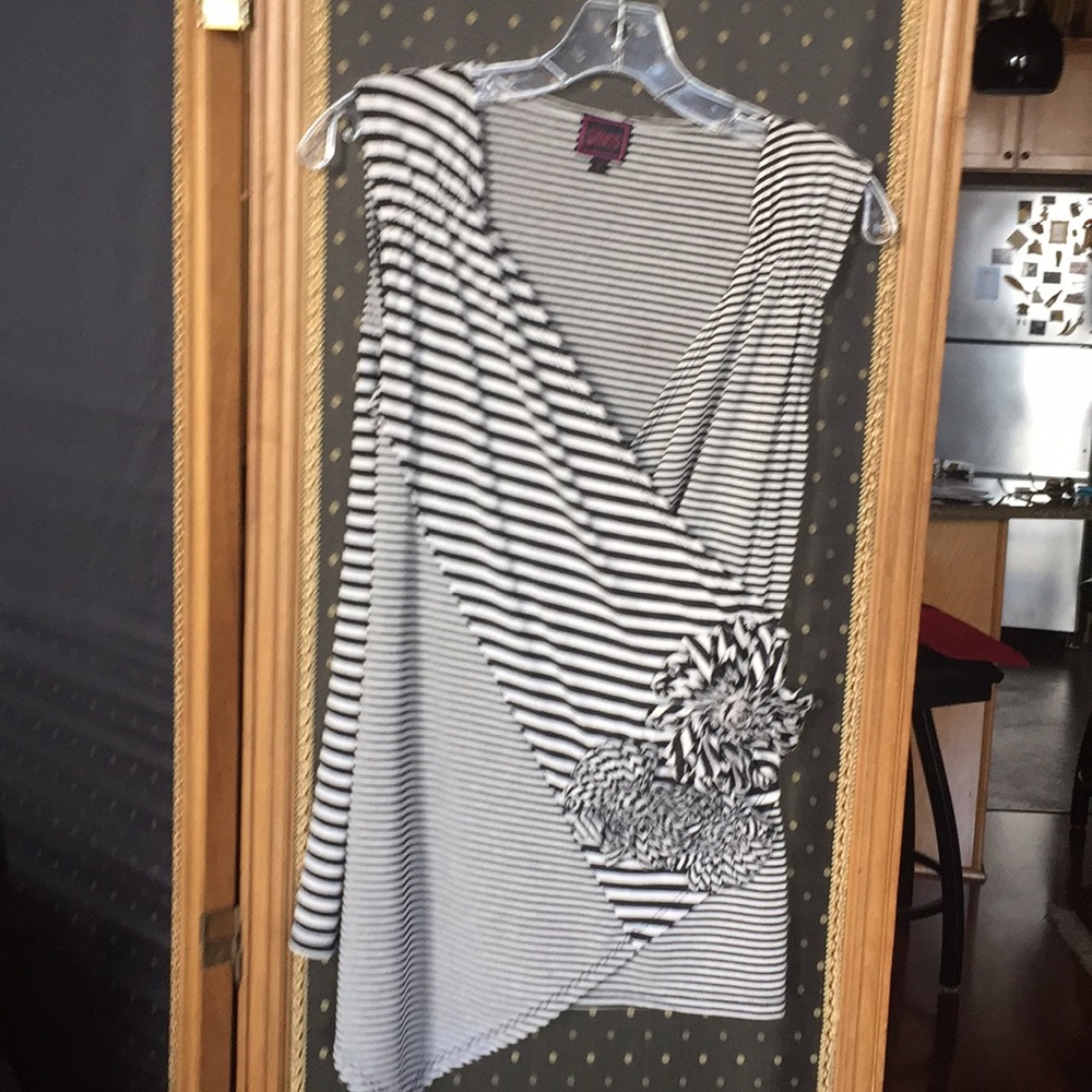 Asymmetrical black and white striped top